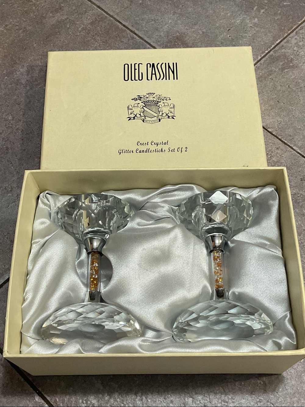 Oleg Cassini Clear Crystal Candlesticks with Gold Glitter Stems - Set of 2
